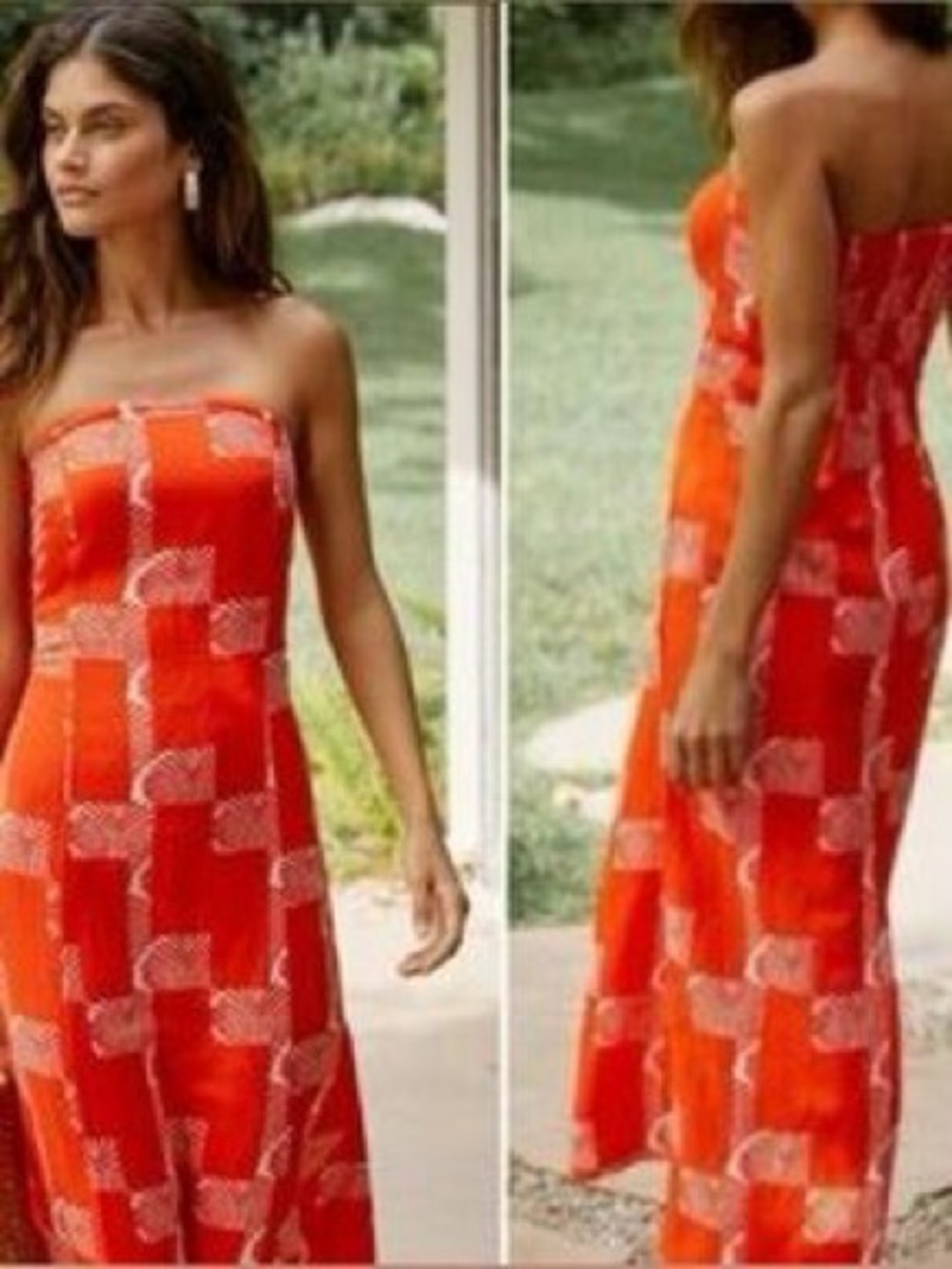Anthropologie Vibrant Orange Strapless Printed Maxi Dress